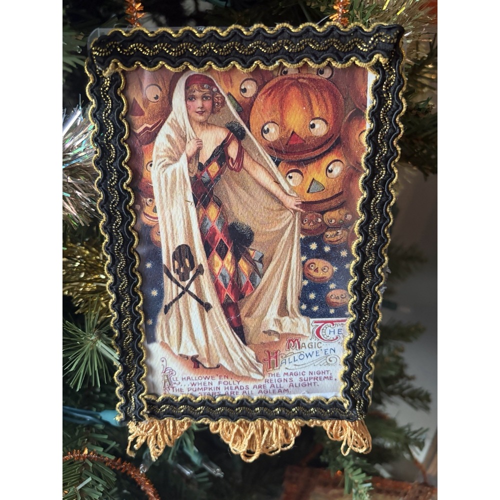Handmade HALLOWEEN Ornament Upcycled Victorian Postcard Magic Woman Pumpkin OOAK